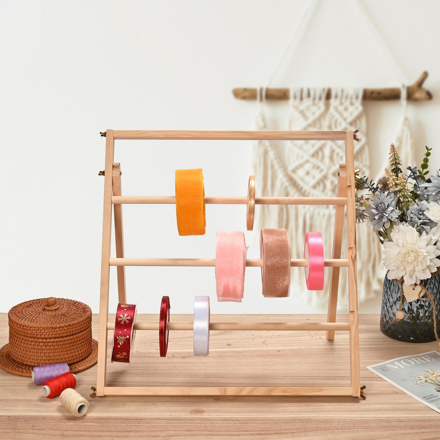 Sparkle Race Ribbon Organizer Storage, Wooden Ribbon Holder Organizer Rack for Craft Mesh Ribbons Arts & Crafts Supplies, Christmas Ribbon Storage Sticker Roll Holder Sewing Thread Organizers
