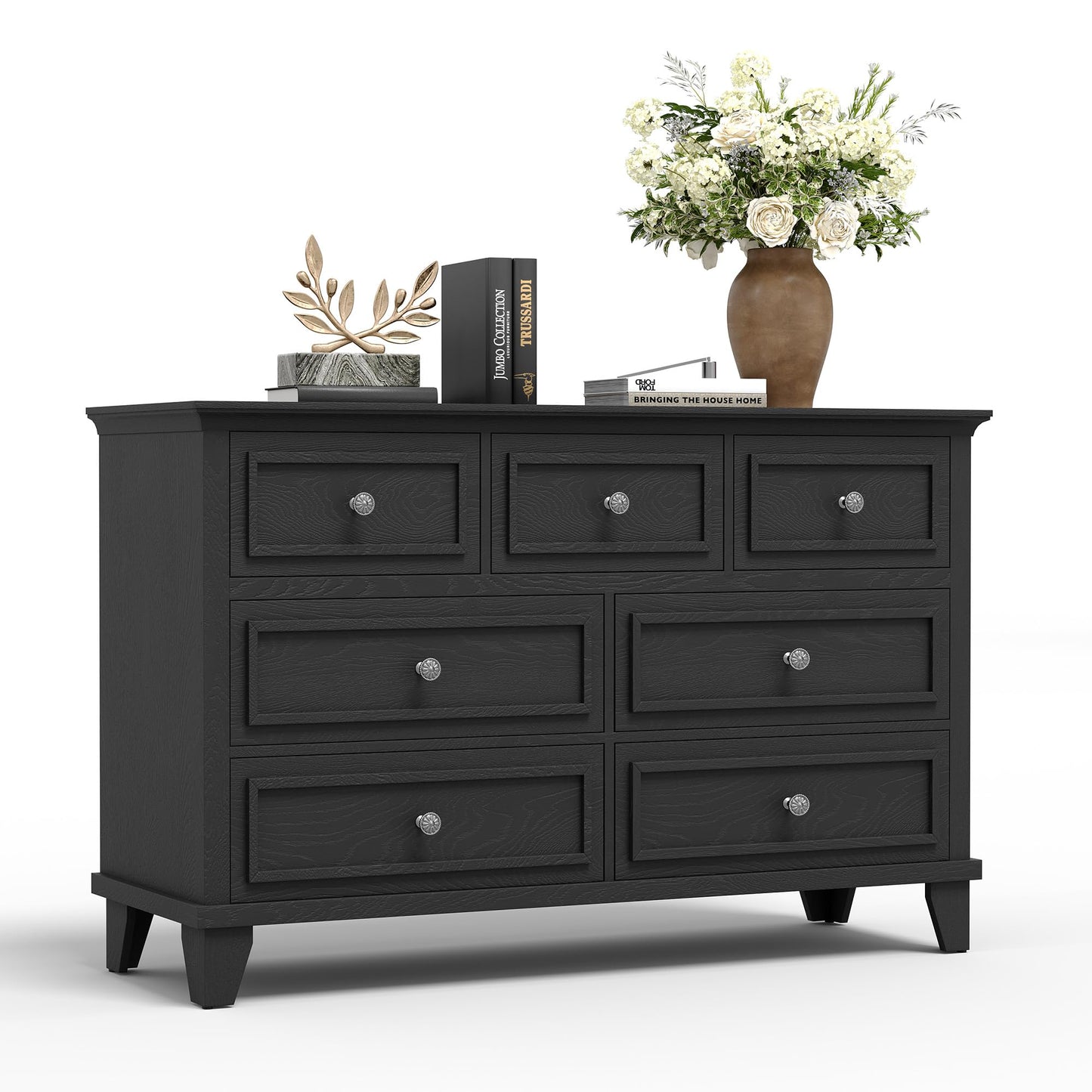 IDEALHOUSE 7 Drawer Dresser, Large Wooden Storage Chest of Drawers with Exquisite Metal Handles, 47" Wide Dresser TV Stand, Drawer Organizer for Bedroom, Living Room, Hallway, Entryway, Black