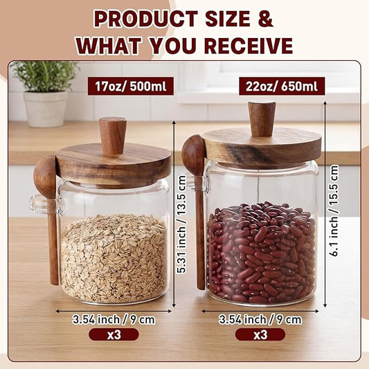 Remerry Set of 6 Glass Jar with Wooden Lid and Spoon, Clear Airtight Spice Canisters Glass Food Storage Kitchen Containers Set for Coffee Bean Tea Sugar (13.5 Oz,20 oz)