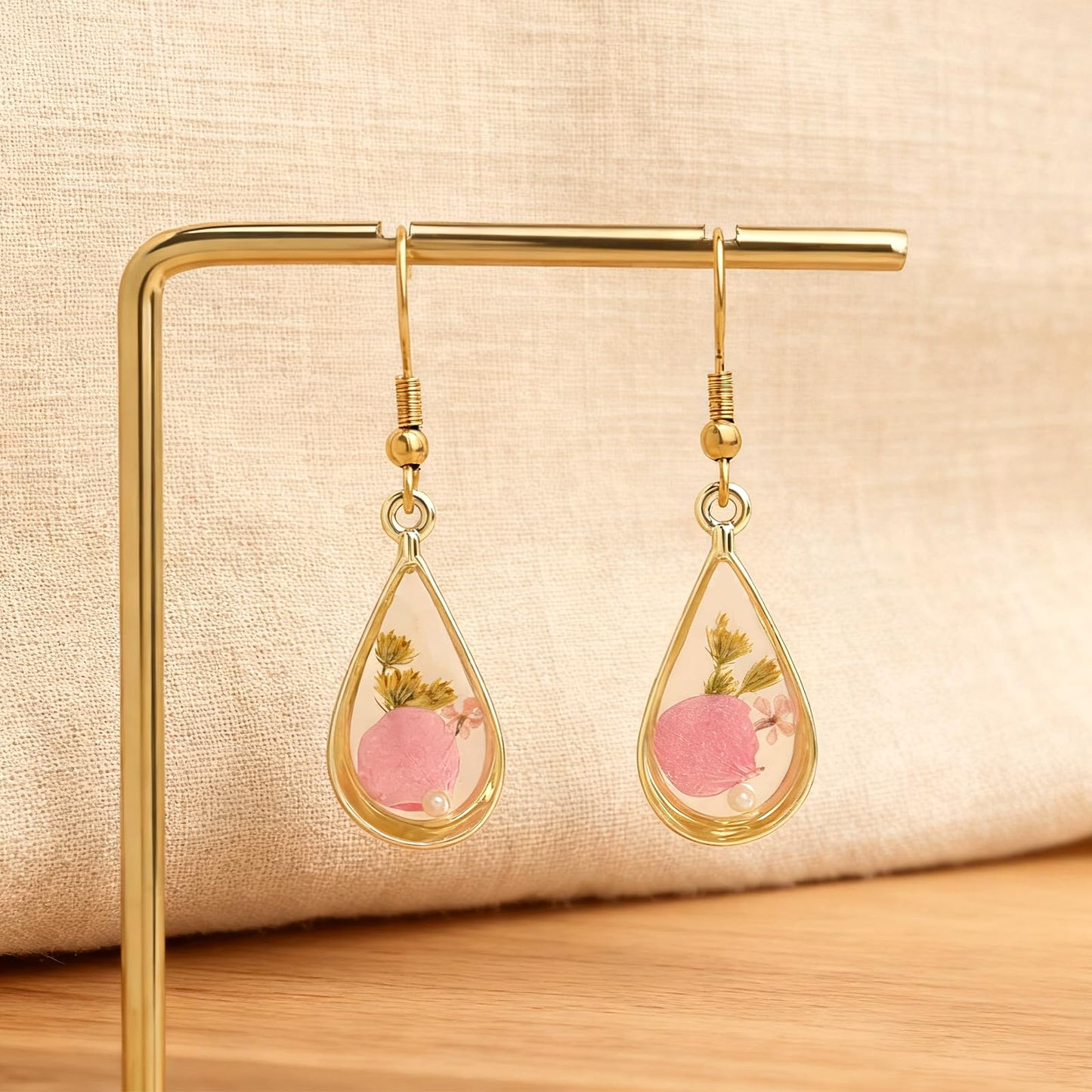 Jean Beau Handmade Pressed Flower Earrings for Women, Unique Resin Pink Dried Flowers Gold Plated Teardrop Dangle Drop Nature Floral Earings Fashion Summer Jewelry Gift