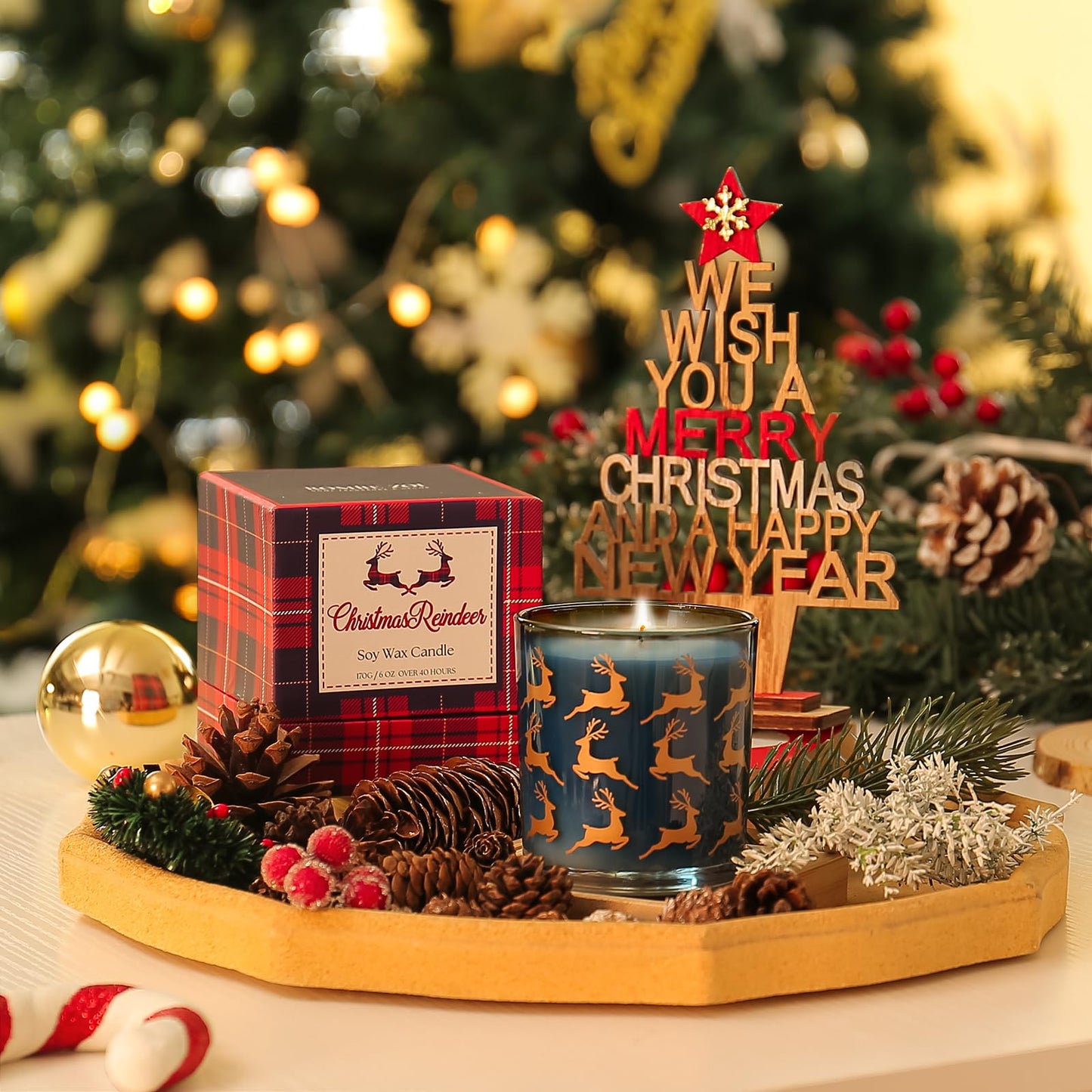 ROMIIE ZOI Christmas Scented Candle - 6oz Soy Wax Candle, Christmas Reindeer, Infused with Peppermint Aroma - Scottish Plaid Navy and Red Gift Box for Holiday Season Gift