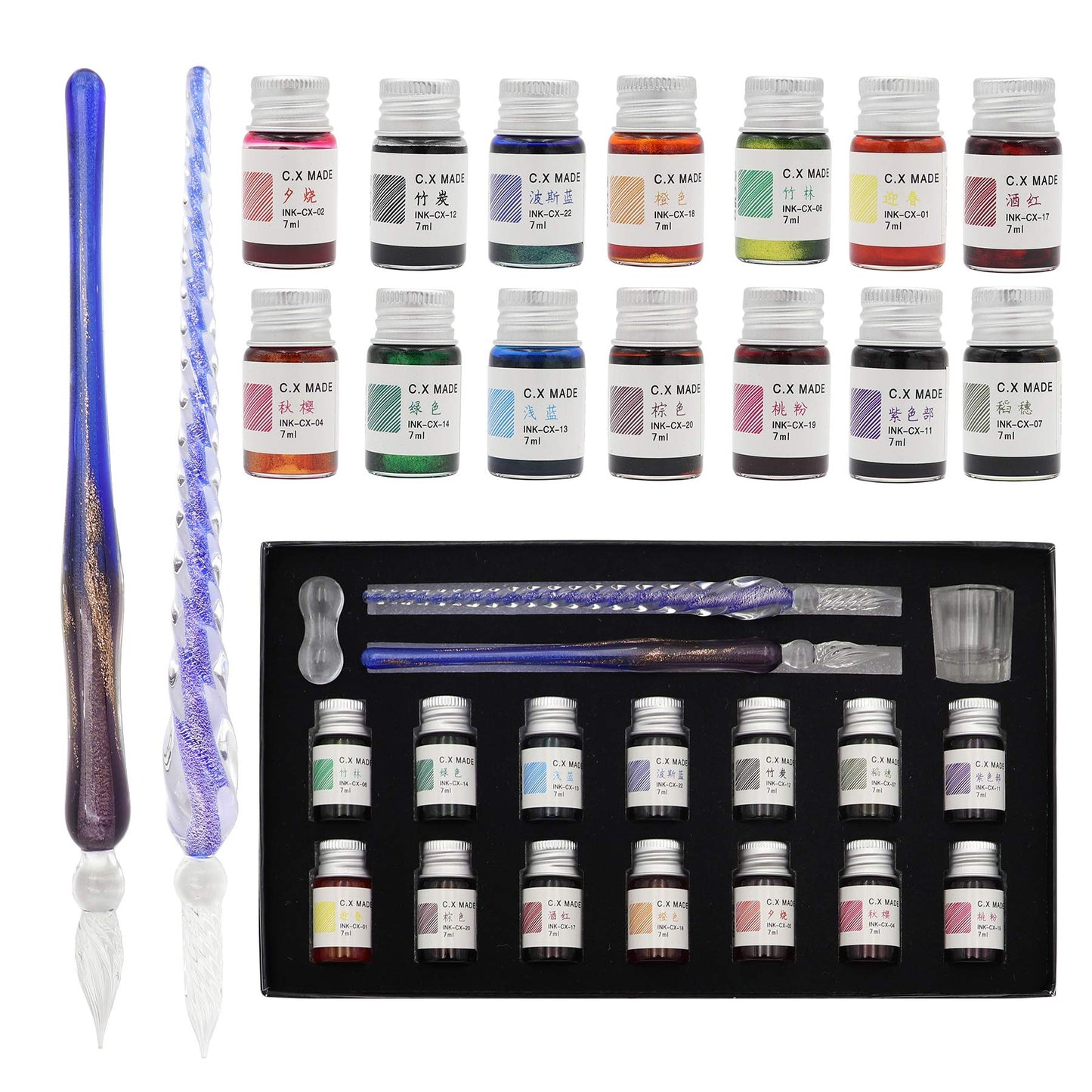 AXEARTE Glass Dip Calligraphy Pen Set, 18-Pieces 14 Color Inks, Pen Holder, Cleaning Cup, 2 Crystal Glass Pens for Art, Writing, Drawing, Signatures, Gift for Kids and Artist