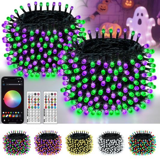 Smart Color Changing Halloween Lights, 2Pack 164FT 400LED Purple, Orange and Green App Control RGB LED String Light with Remote & Timer, Twinkle Christmas Tree Light Waterproof Halloween Decorations