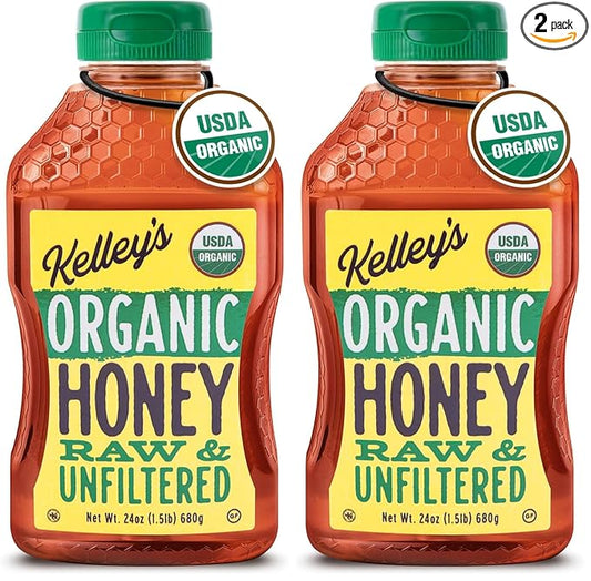 Kelley's 100% Organic Raw & Unfiltered Honey, USDA Certified, 24 Oz â All Natural, Flavor-Rich Honey for Fruits, Yogurt, Smoothies, Acai Bowls, Tea â Natural Sugar Substitute (Pack of 2)