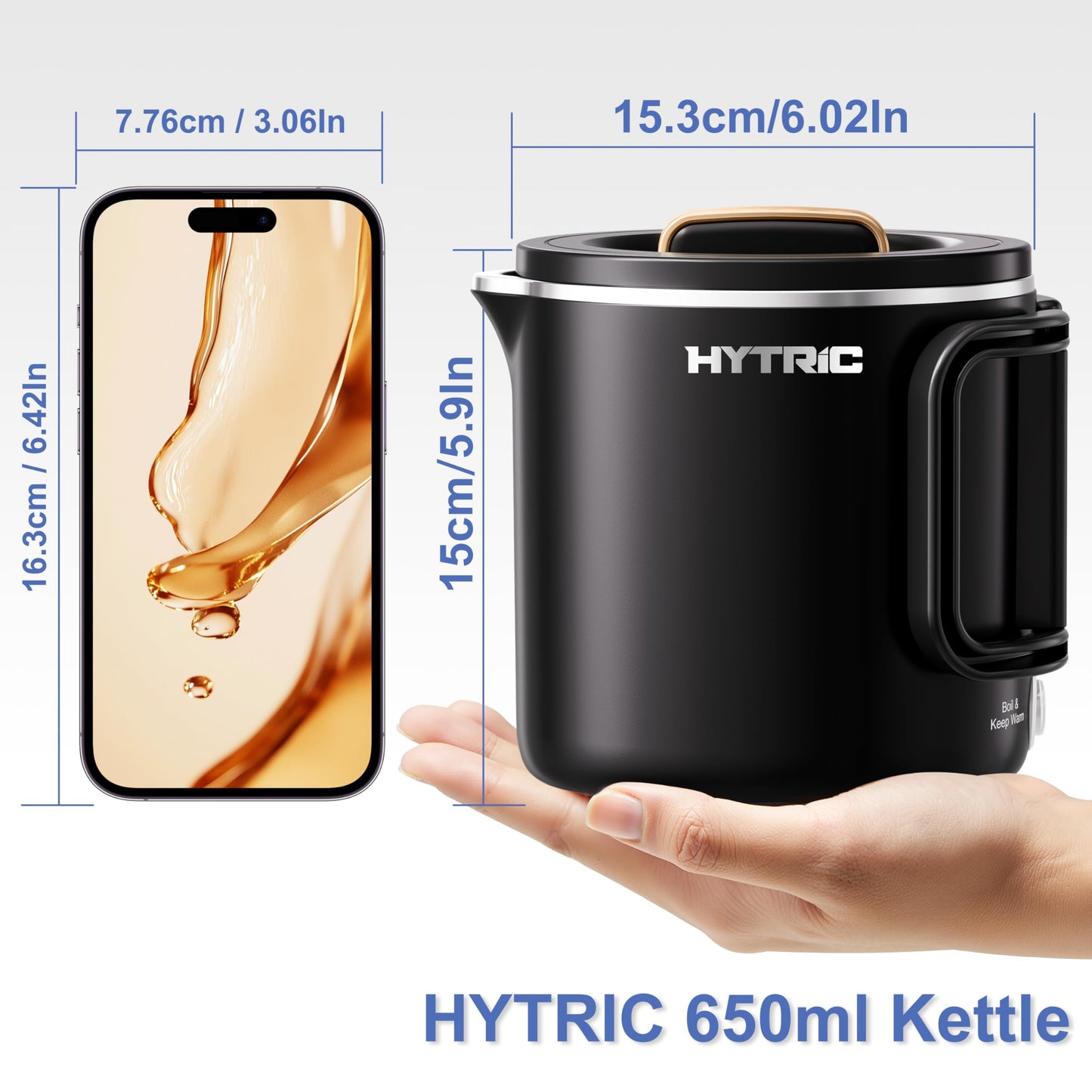 HYTRIC Travel Electric Kettle, 650ML Foldable Small Kettle, Portable Water Kettle with Dual Power Control, Collapsible Stainless Steel Water Boiler, Auto Shutoff & Boil Dry Protection, BPA-Free
