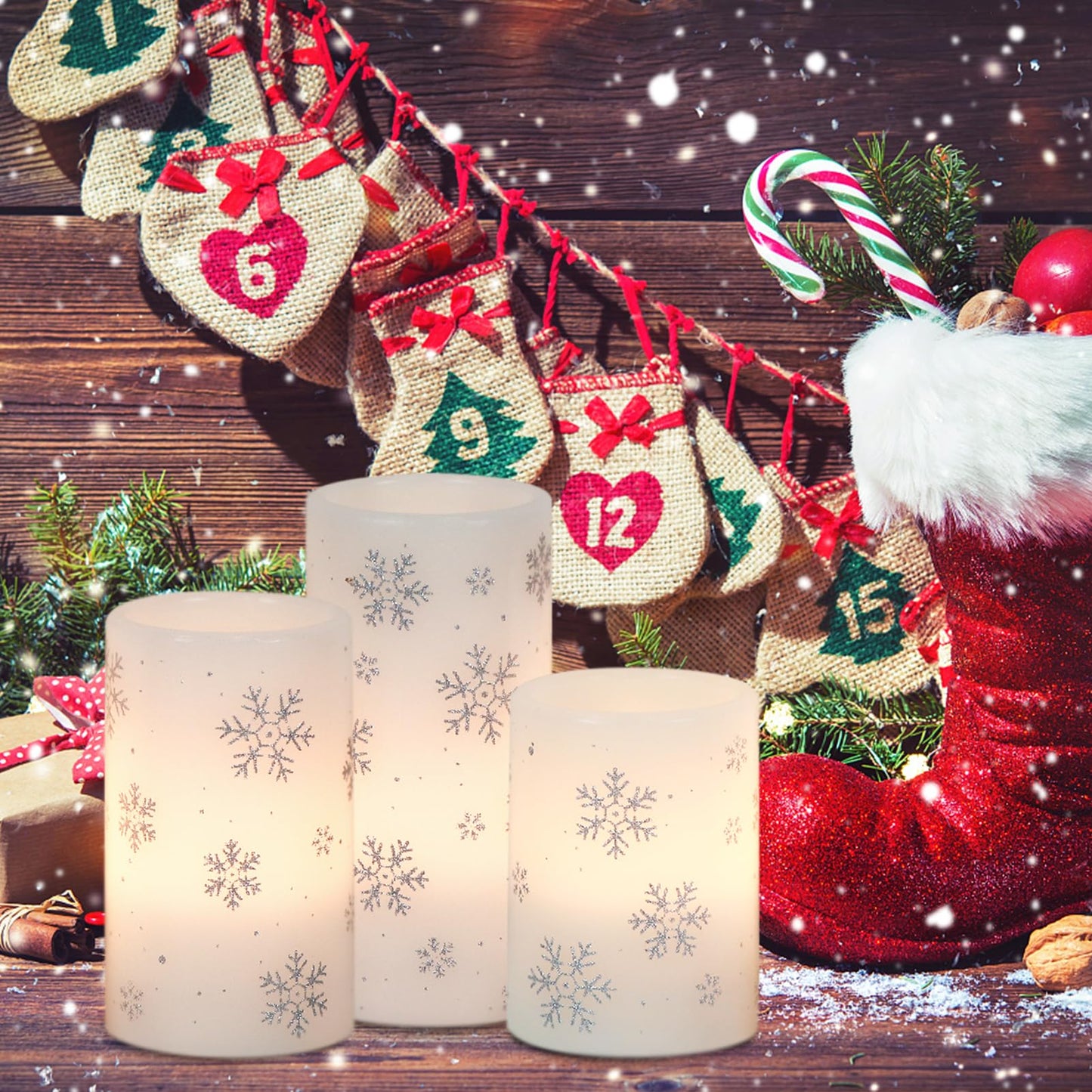 DRomance Silver Snowflake Flameless Flickering Candles Battery Operated with 6H Timer, 3 Pack Real Wax Warm Light LED Pillar Candles Dinner Tabletop Holiday Centerpiece Decor 3" x 6"""