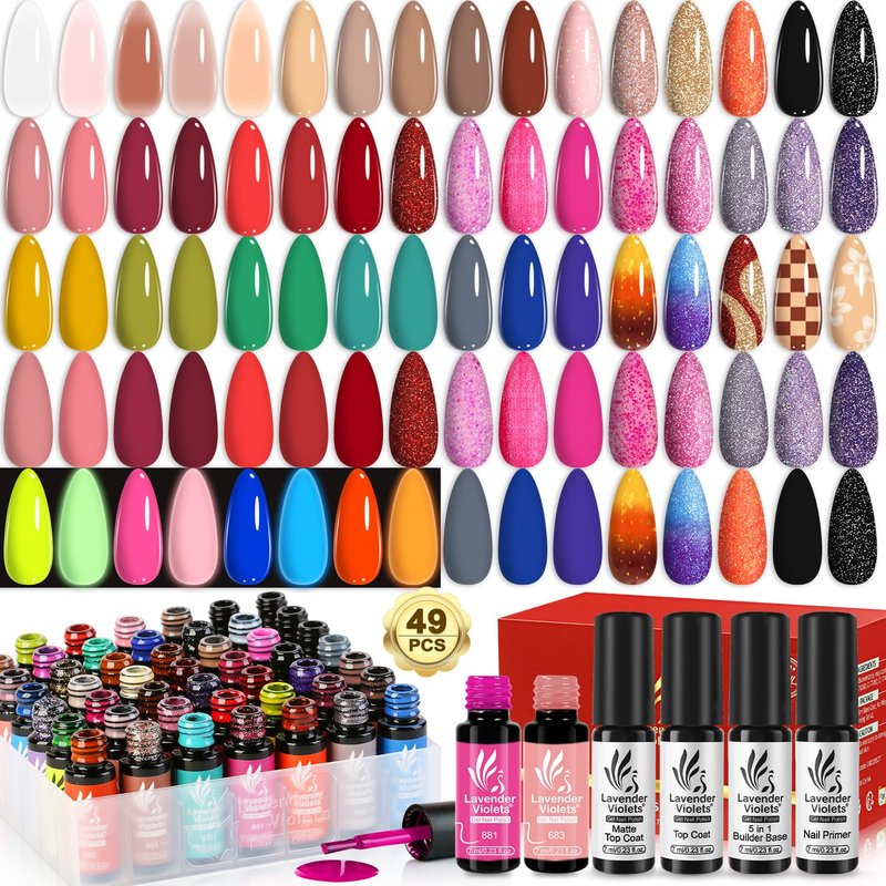 Lavender Violets 49pcs Gel Nail Polish Set 45 Colors Neon Glow in the Dark Effect with Nail Primer Builder Base Coat Glossy & Matte Top Coat Jelly Shades for Gift Set Nail Art Design A950