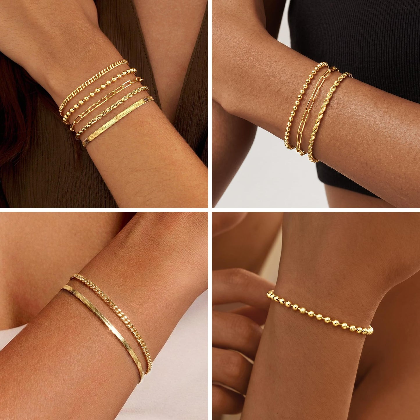 Gold Bracelets for Women Stack Non Tarnish, 14K Gold Plated Stackable Bracelets Set for Women Trendy, Waterproof Simple Jewelry Sets Gifts Inclued Beaded/Cuban/Paperclip/Herringbone/Rope Link Chian, Fashion Accessories