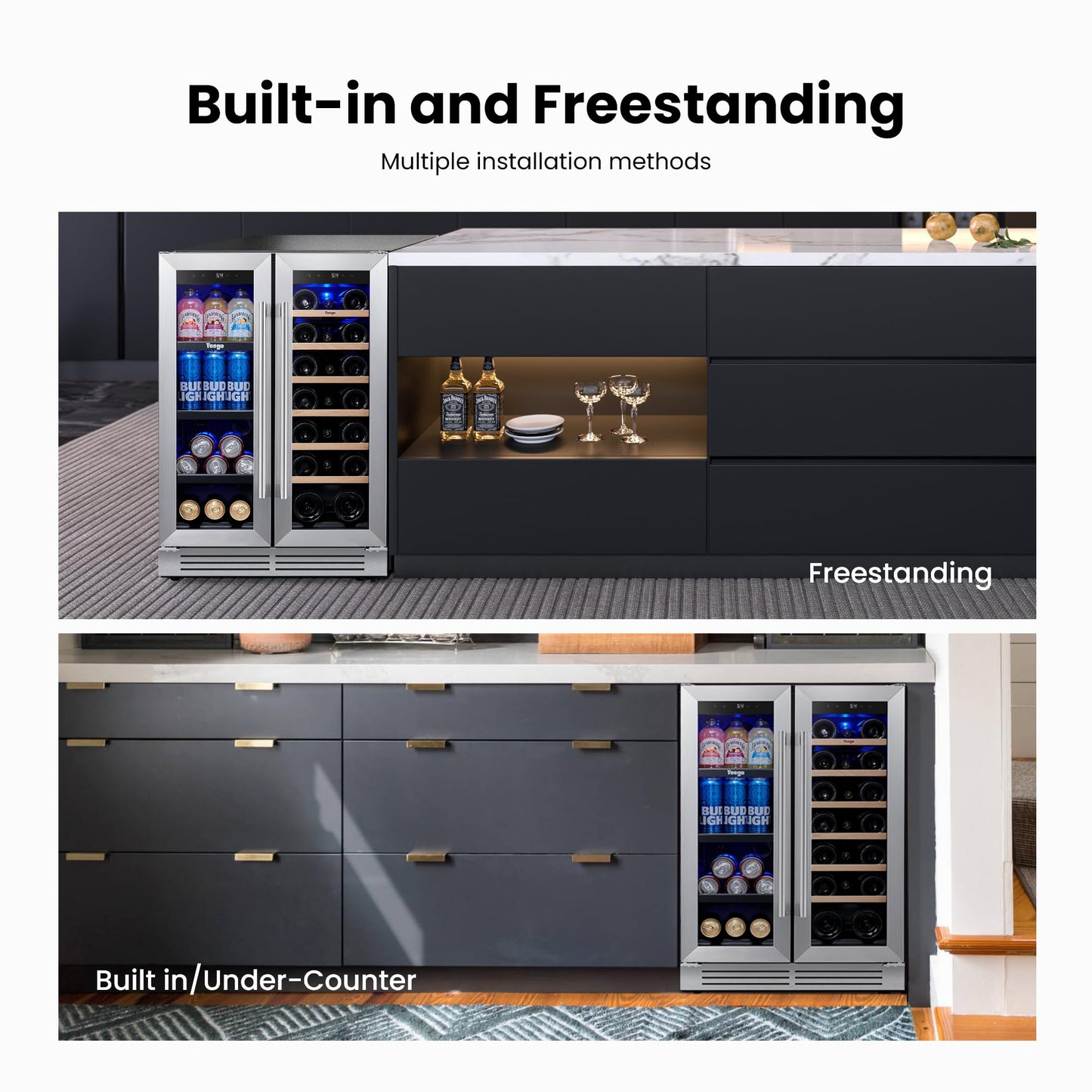 Yeego 24 Inch Wine and Beverage Cooler - 36-72°F, Holds 60 Cans & 20 Bottles Adjustable Shelves Beverage Fridge, Stainless Steel with glass Door for Built-in for Kitchen/Bar