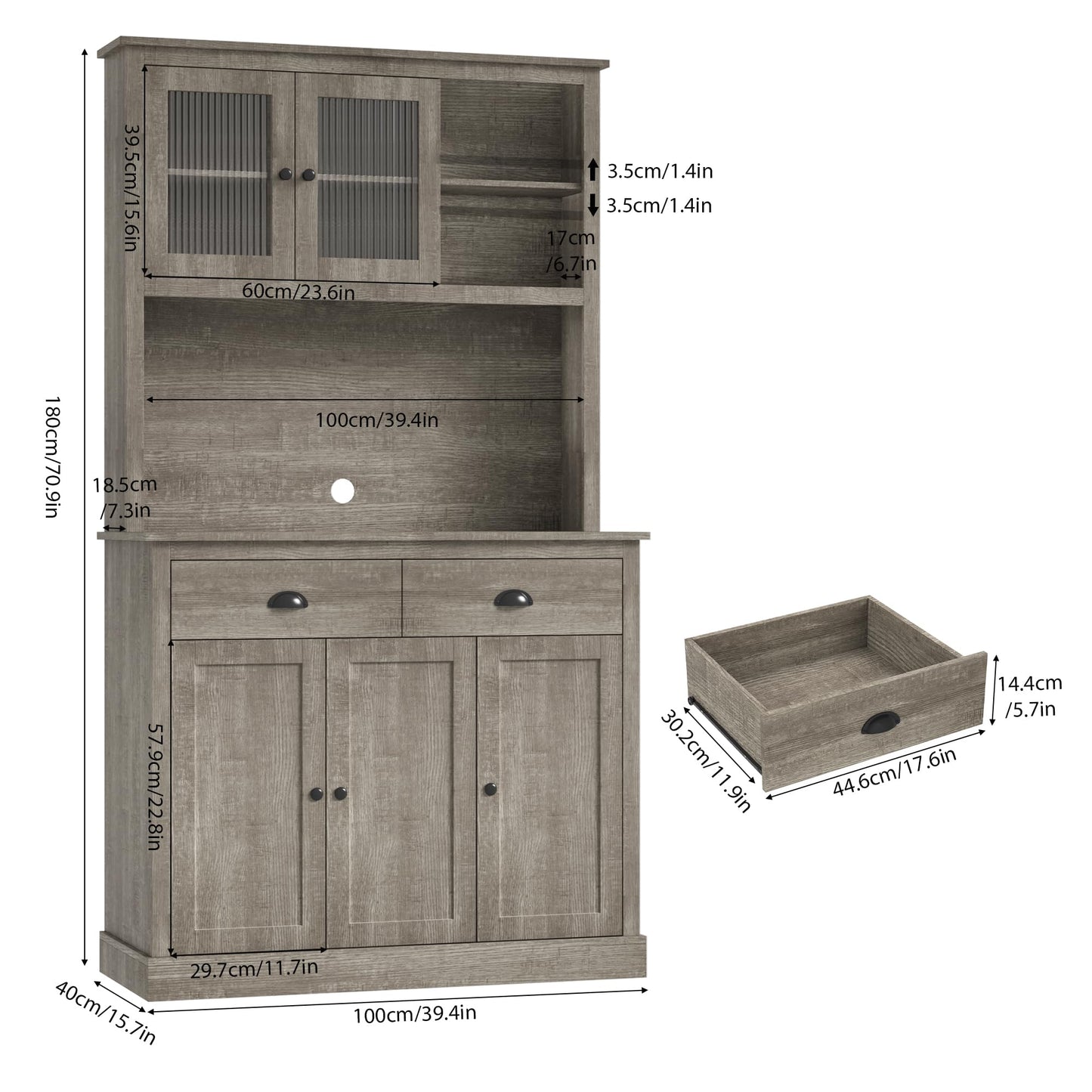 GarveeHome Pantry Cabinet with Drawers and Adjustable Shelves, 71" Tall Freestanding Kitchen Cabinet with Microwave Stand, Kitchen Hutch for Dining Room, Rustic Grey