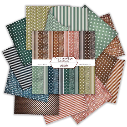12×12 Scrapbook Paper, 24 Sheets Double-Sided Boho Patterned Paper, Colorful Dot Decorative Craft CardStock Papers for Scrapbooking Card Making DIY Album Junk Journal Decor (Basic Distressed)