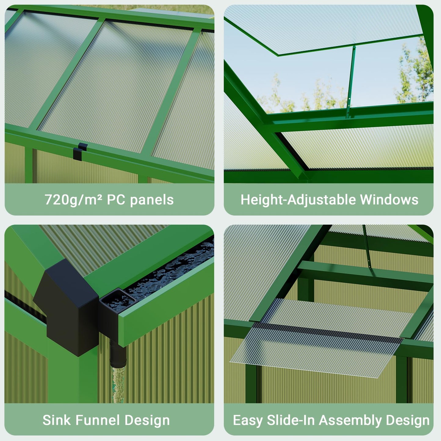 6x8 Ft Outdoor Greenhouses, Greenhouse Kit, Portablee Greenhouses with Ground Nails and Vent Windows, Sliding Lockable Door, Polycarbonate Green Houses for Outside Garden Backyard, Green