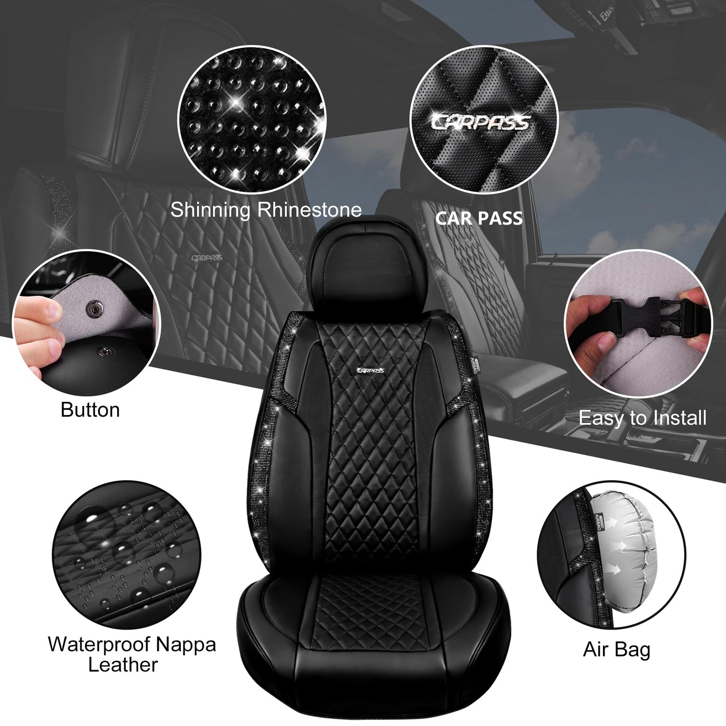 CAR Pass Bling Car Seat Covers, Microfiber Nappa Leather Luxury Cushioned, Waterproof Heavy-Duty Anti-Slip Universal Fit for Auto SUV Sedan, Sparkly Glitter Shining Rhinestone Full Set, Black Diamond