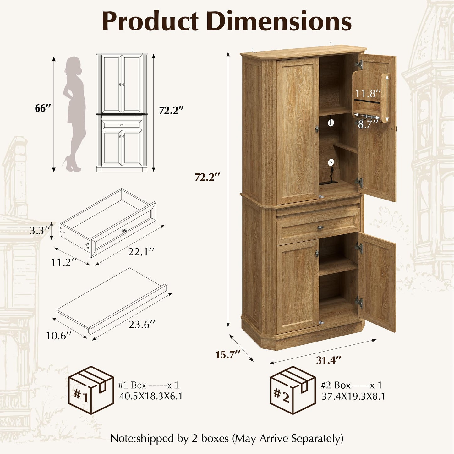 AMBERHAUS 72.2" Tall Kitchen Pantry Storage Cabinet with Doors, Farmhouse Storage Cabinet with Drawers, Adjustable Shelves and Pull-Out Shelves, Oak Wood Pantry Cupboard for Kitchen, Dining Room