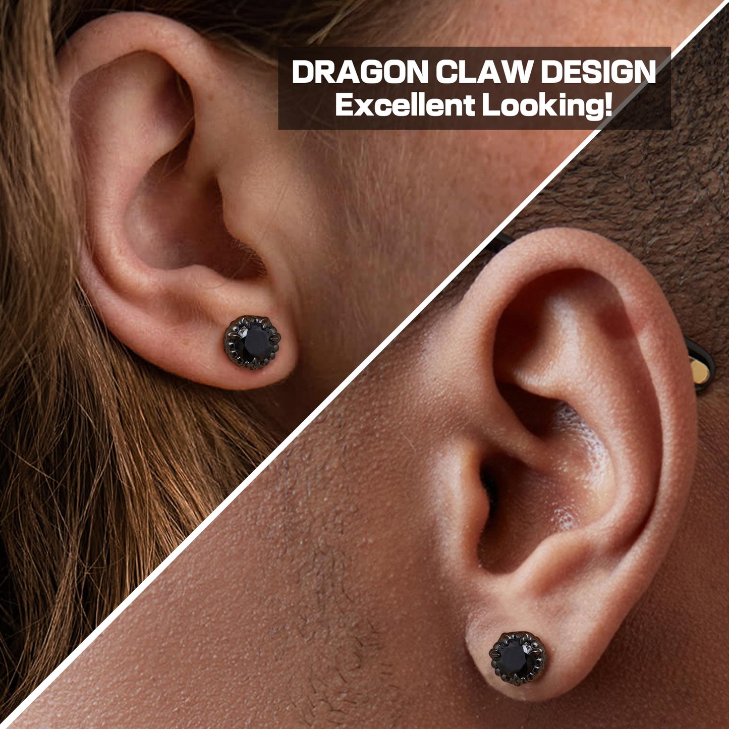 GEMQUEEN Magnetic Earrings for Men Women - 5A Shiny CZ Dragon Claw Punk Hypoallergenic Stainless Steel Non Piercing Clip on Fake Earrings Studs Black 8MM Not Easy to Fall