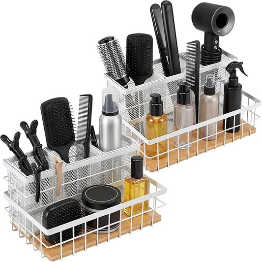 AceOrbit 2 Pcs Hair Tool Organizer Countertop Breathable Metal & Bamboo Hot Tools Organizer Under Sink Bathroom Hair Dryer Holder Countertop Brush Comb Holder,Makeup Tray (Natural Bamboo,White)