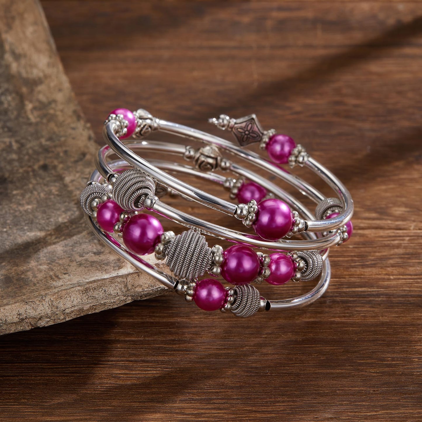 PEARL&CLUB Beaded Chakra Bangle Turquoise Bracelet - Fashion Jewelry Wrap Bracelet with Thick Silver Metal and Mala Beads, Birthday Gifts For Women(Fuchsia)