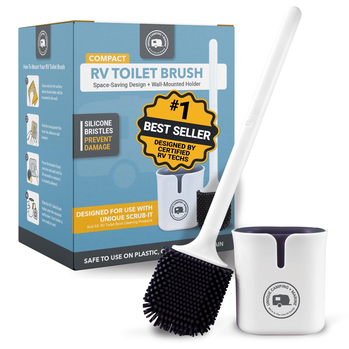 Unique Silicone RV Toilet Brush, Compact, Won't Damage Toilets or Seals, Wall-Mount No-Drip Holder