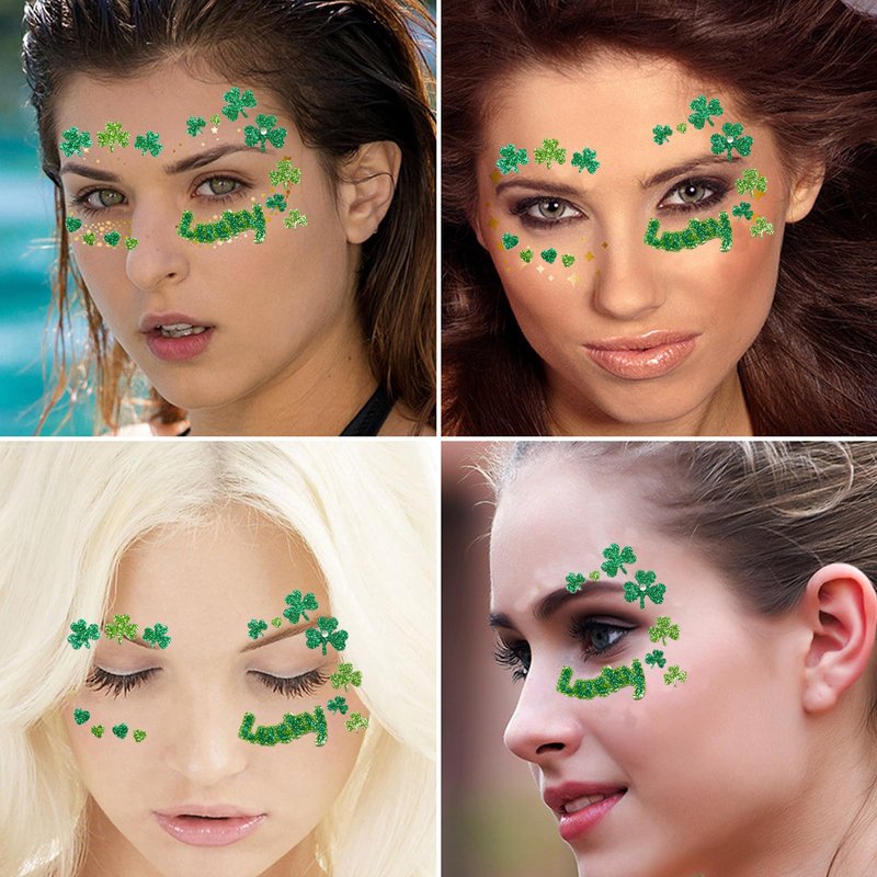 Ecuupas St. Patrick's Day Face Gems Shamrock Festival Green Glitter Clover Rhinestones Design Eyes Body Temporary Stickers for Luck Makeup Stick on Women Face Proms Decorations