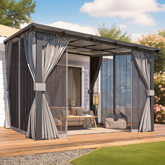 AECOJOY 10’ x 10’ Gazebo, Wall Mounted Gazebos Pergola with Curtains and Mosquito Netting, Enhanced Protective Outdoor Patio Lean to Gazebo Awnings for Deck, Porch, Backyard and Outside