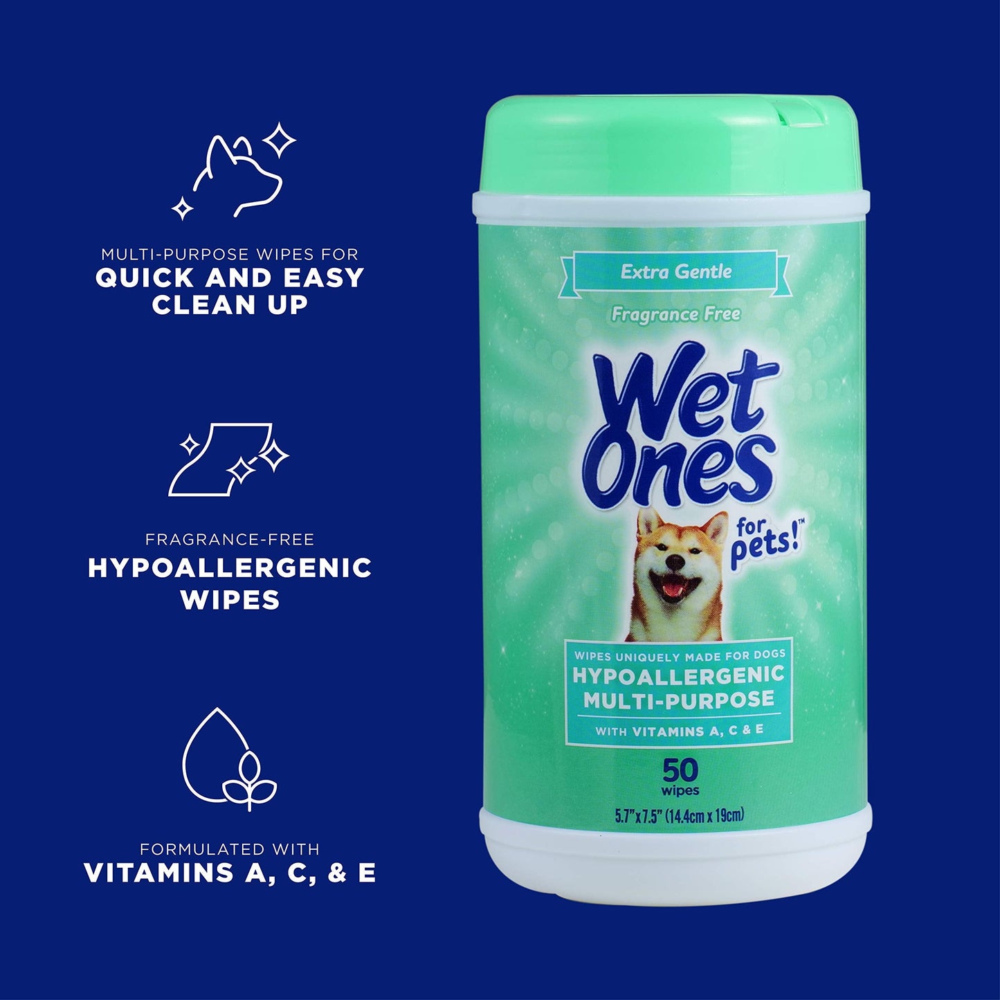 Wet Ones for Pets Hypoallergenic Multipurpose Dog Wipes with Vitamins A, C and E - Fragrance-Free All-Over Pet Grooming Wipes for Dogs in Canister, 50 Count