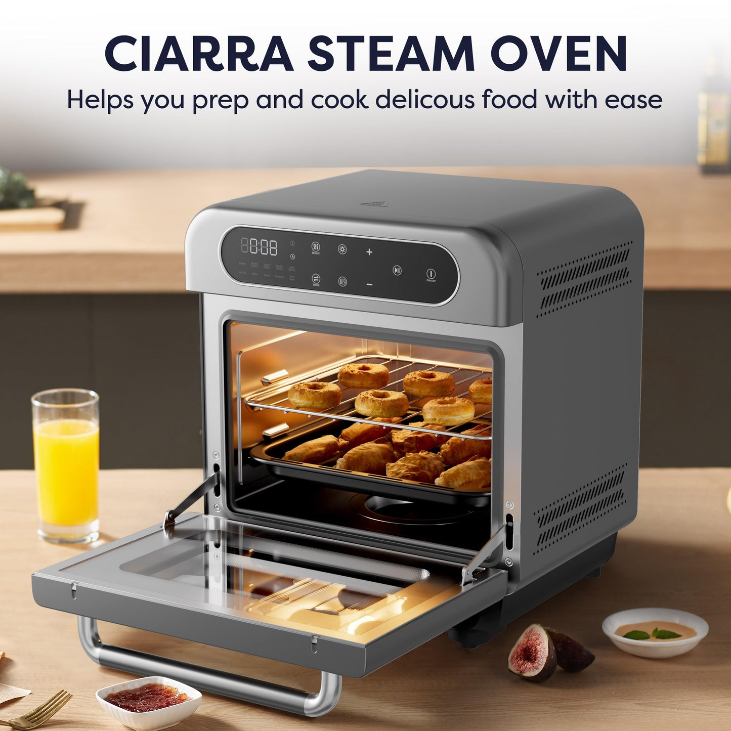CIARRA 8-in-1 Steam Oven Countertop with Air Fryer, 13QT Mini Convection Toaster Oven with Steam, Rapid Steam, Air Fry, Vapor Bake, Steam Clean, Bake, Dried, Ferment, Grey