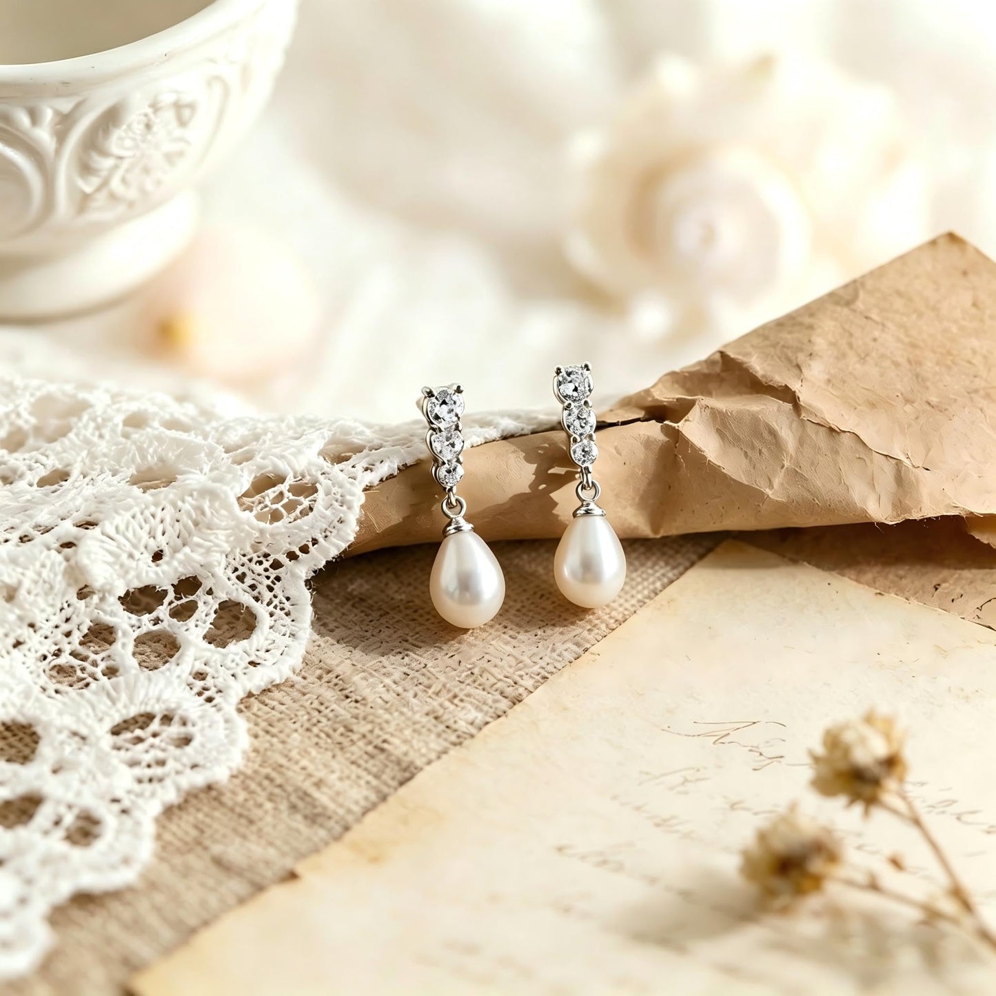 Pearl Earrings for Women, 14k Gold Plated Trendy Diamond Pearl Drop Earrings Hypoallergenic Dainty Bridal Gifts Wedding jewelry for Women