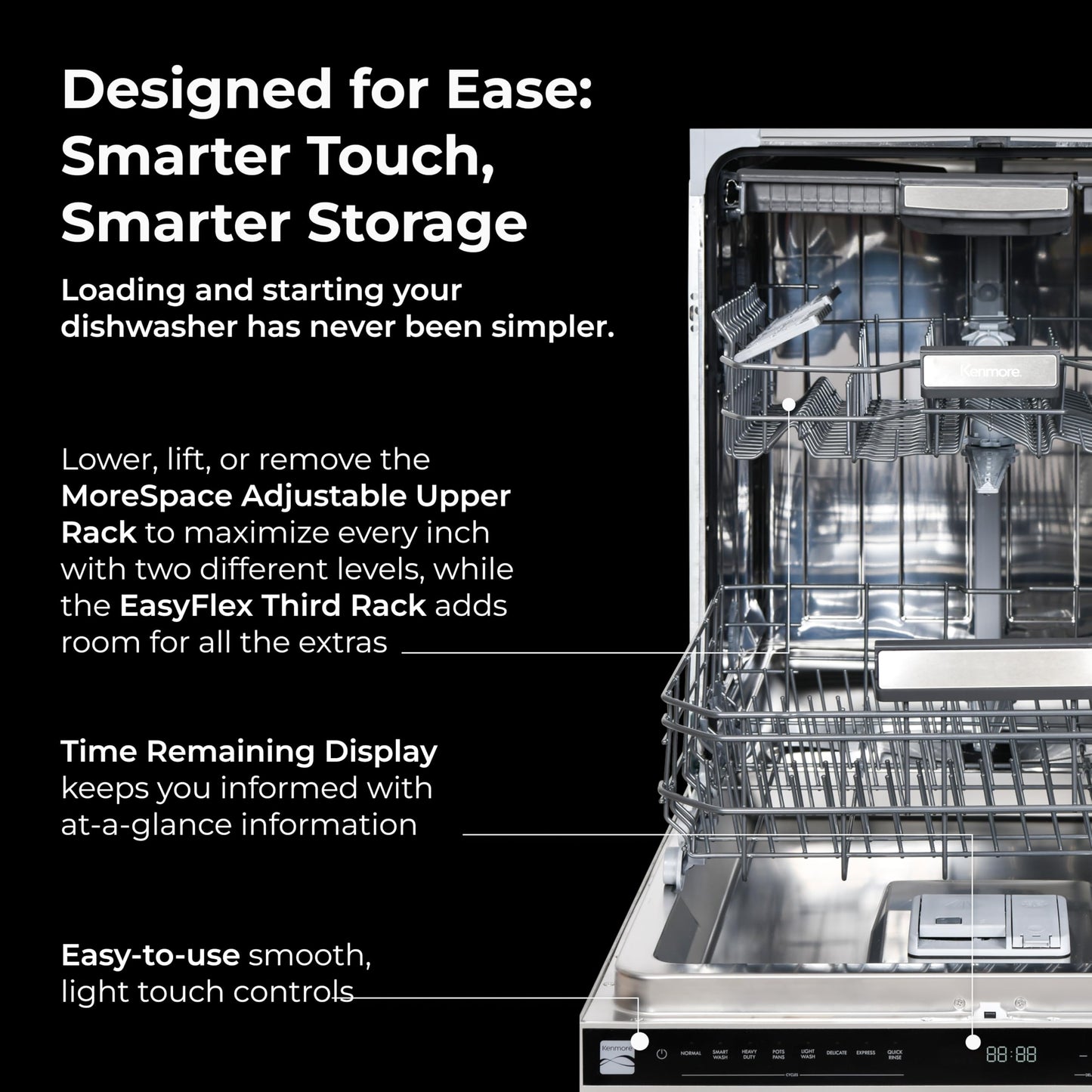 Kenmore 24" Built-In Dishwasher - UltraWash Plus, EasyFlex Third Rack, TurboDry, SmartWash & Reach-Thru Handle - 15 Place Settings - 45 DBA - ENERGY STAR Certified - Stainless Steel