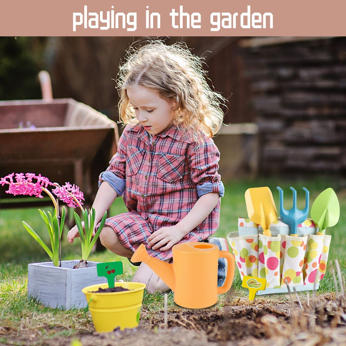 GIFTRRTOY Kids Gardening Set, Kids Gardening Tools with Watering Can, Shovel, Rake, Gloves, Waterproof Apron and Storage Bag, Children Garden Tool for Boys Girls Age 3 4 5 6 7 8