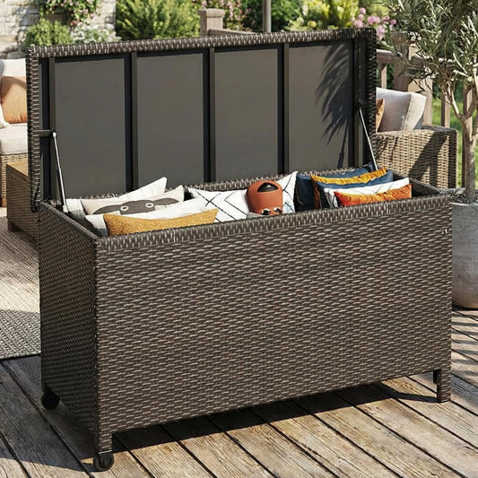 125 Gallon Outdoor Storage Box with Wheels - Large Wicker Rattan Deck Box for Patio Cushions, Garden Tools, Pool Floats & Pillows, All-Weather Patio Furniture Storage, Brown