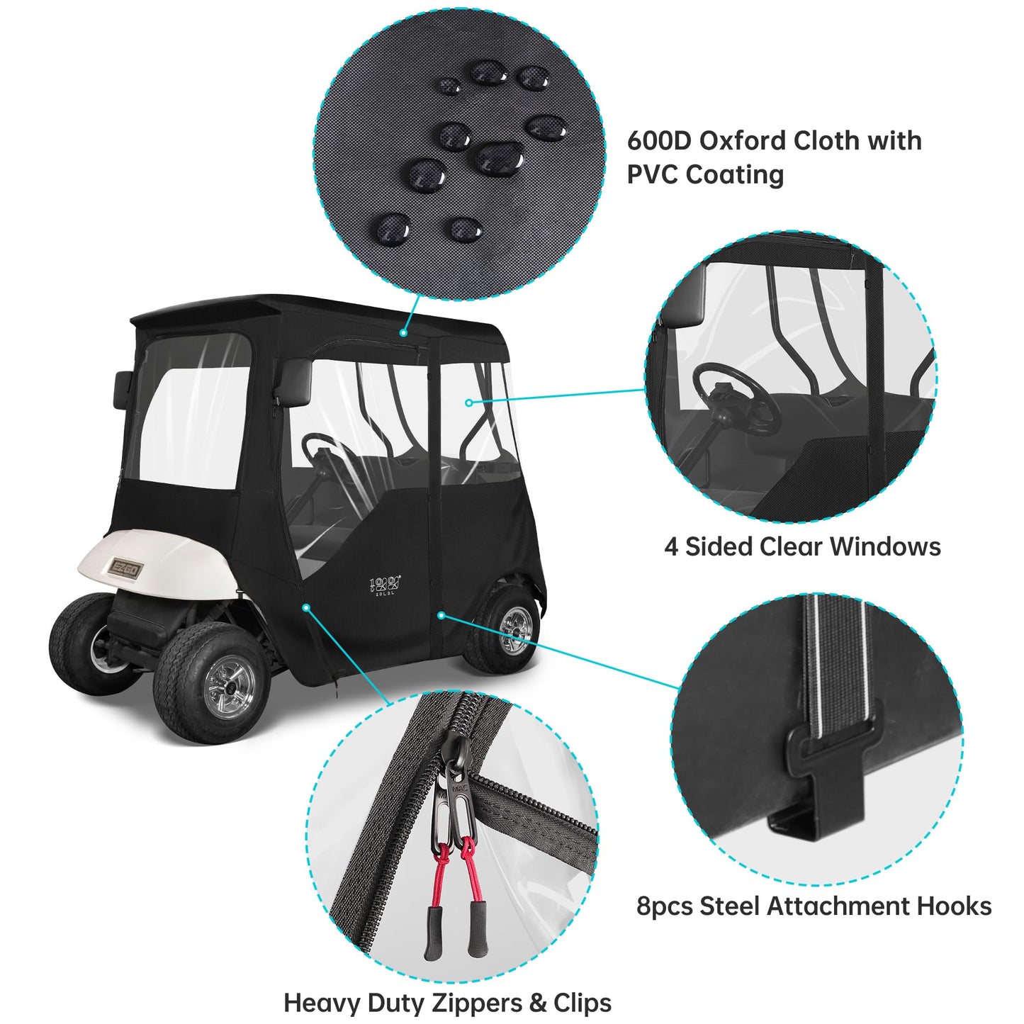 10L0L 2 Passenger Deluxe Golf Cart Driving Enclosure for EZGO TXT and RXV Model, 4-Sided Clear Window 600D Rain Cover All Weather Windproof Waterproof