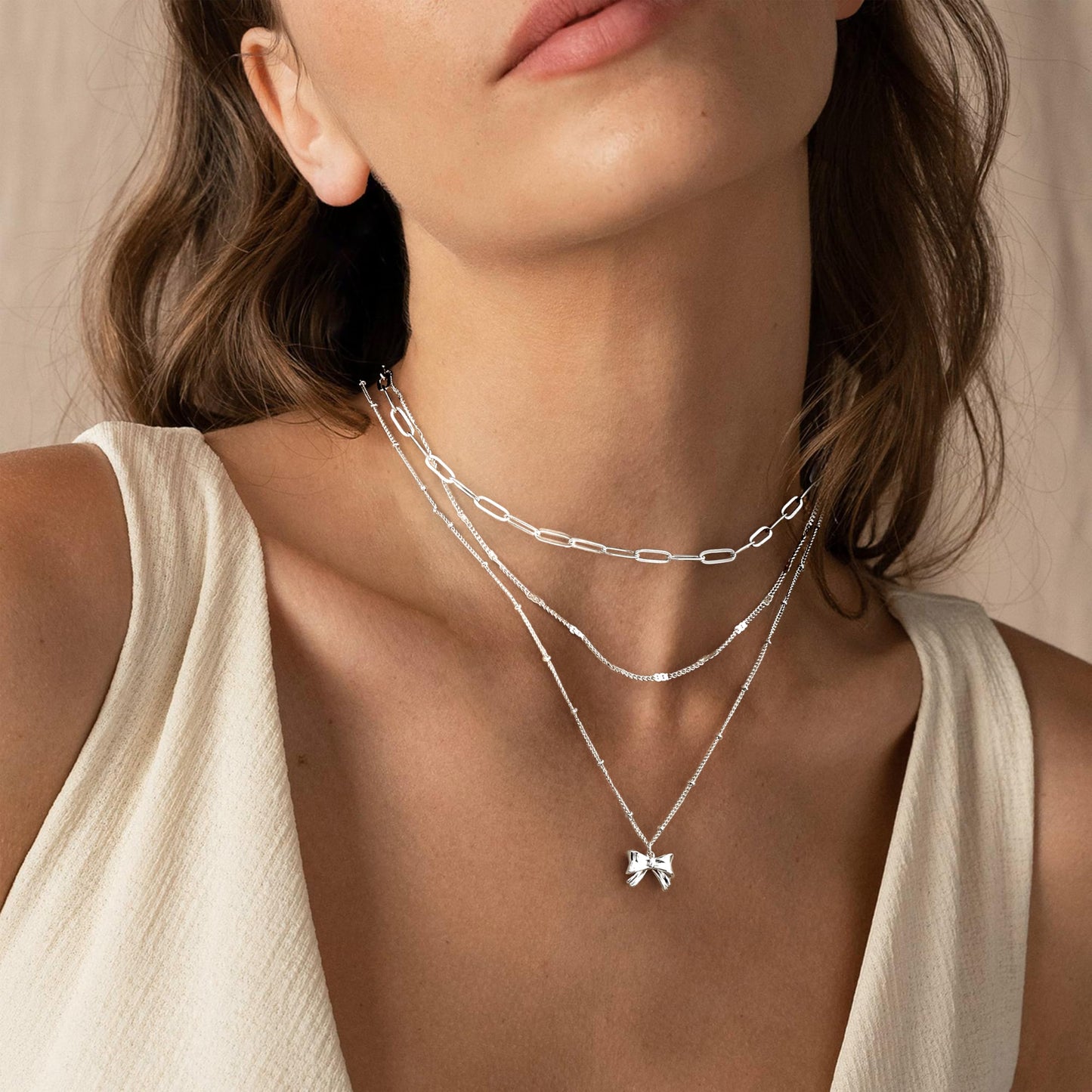 Layered Silver Bow Necklaces for Women, Silver Plated Dainty Stackable Choker Necklaces for Women, Trendy Layering Small Bow Pendant Paperclip Thin Chain Necklace Set Jewelry Gifts for Women