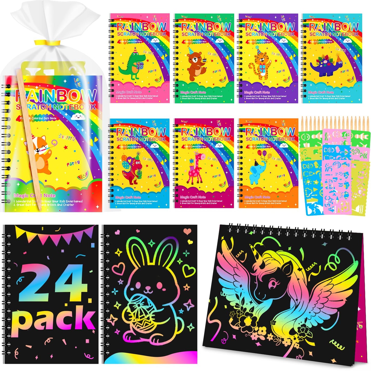 24Pack Rainbow Scratch Notebook Party Favor For Kids 4-8 8-12 Scratch Art Paper Basket Stuffers, Easter Coloring Books Classroom School Exchange Prizes Girl Toys Boy Students Toddlers Goodie Bags