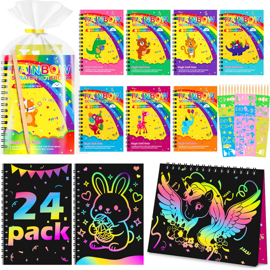 24Pack Rainbow Scratch Notebook Party Favor For Kids 4-8 8-12 Scratch Art Paper Basket Stuffers, Easter Coloring Books Classroom School Exchange Prizes Girl Toys Boy Students Toddlers Goodie Bags
