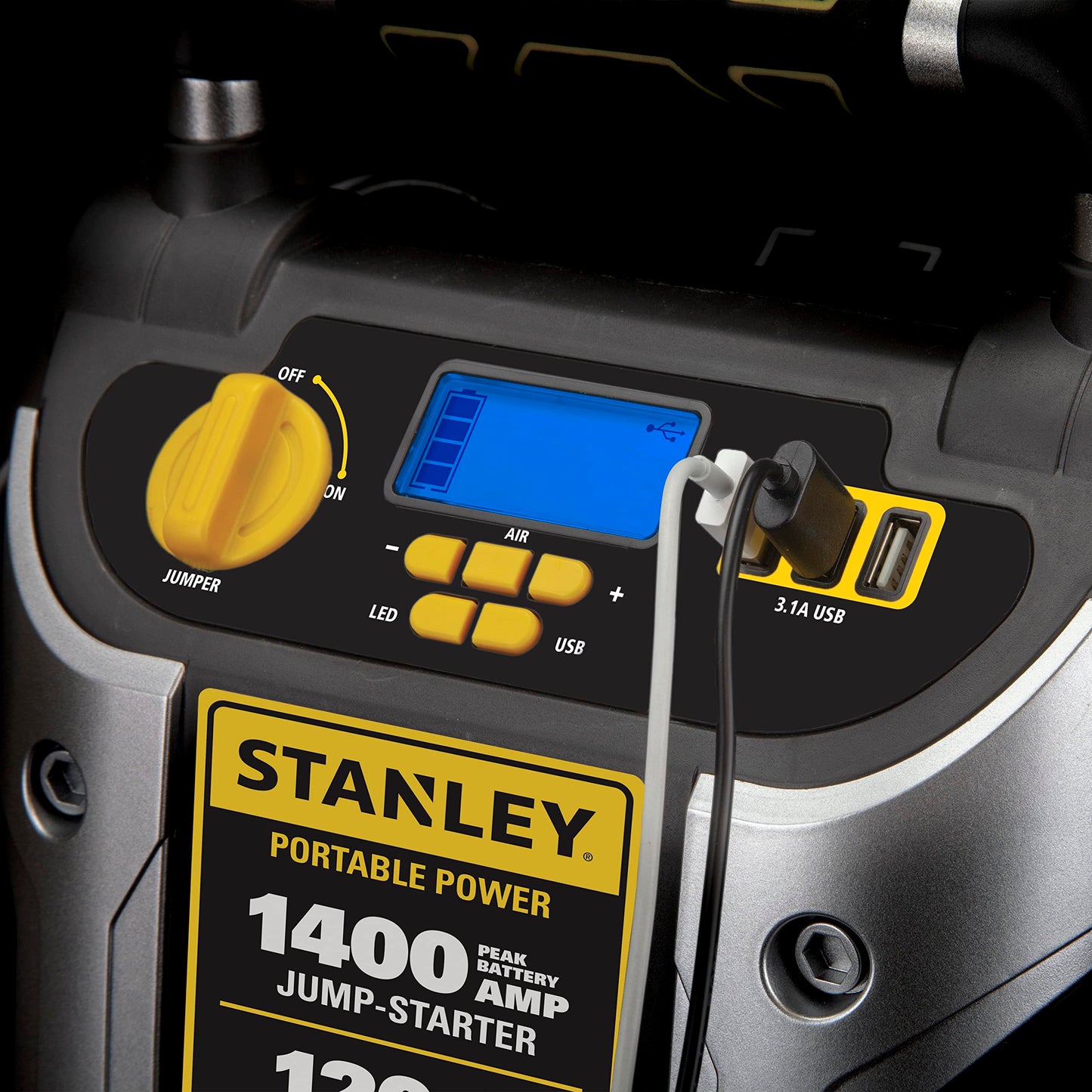 Stanley J7C09D 1400 Peak Amp Automotive Jump Starter, Portable Power – Triple 15W USB Ports, 120 PSI Air Compressor for Tires & Sports Equipment