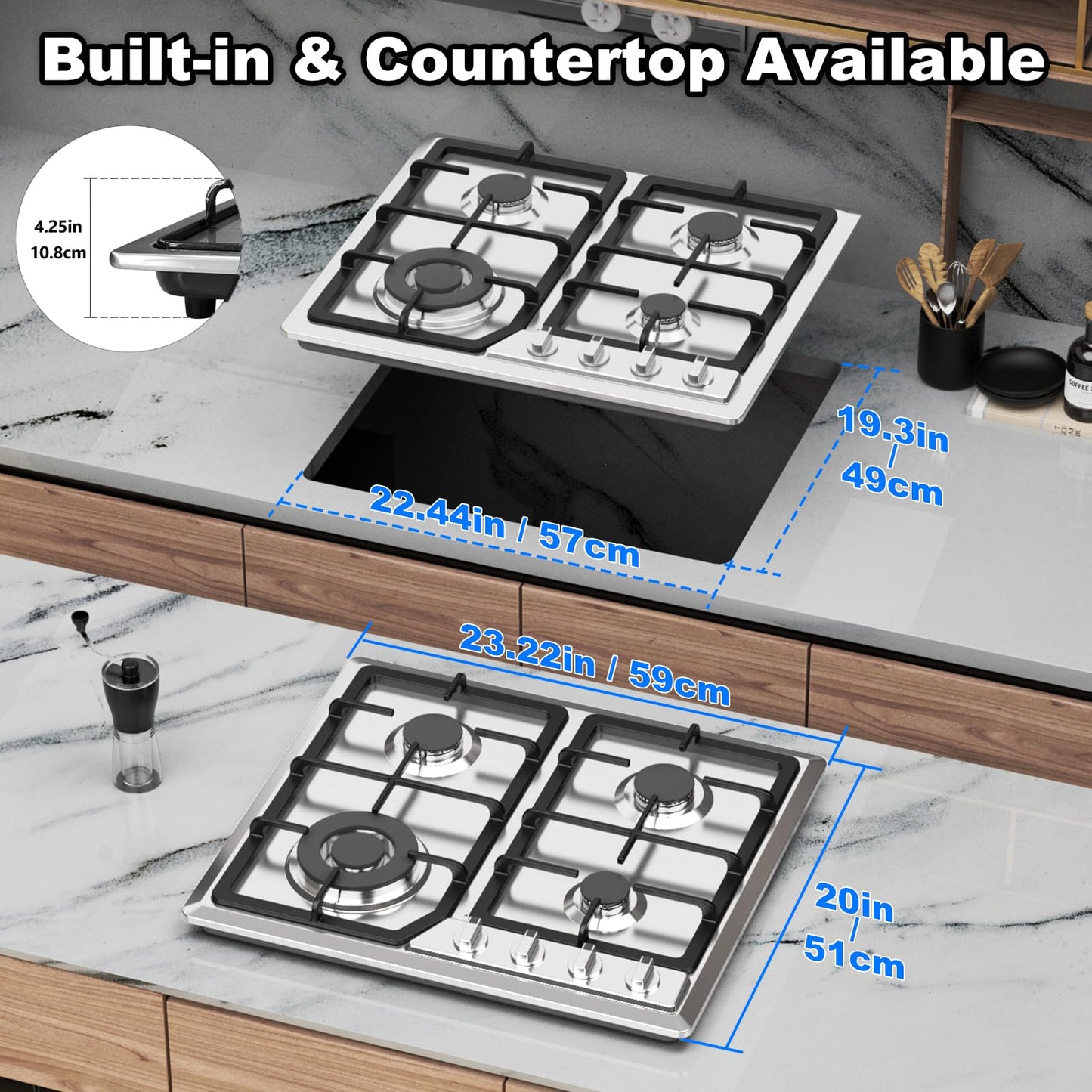Alemania 24 Inch Built-in Gas Stove with 4 Burners, Stainless Steel Cooktop with Cast Iron Racks, NG/LPG Compatible Hob for Modern Kitchen