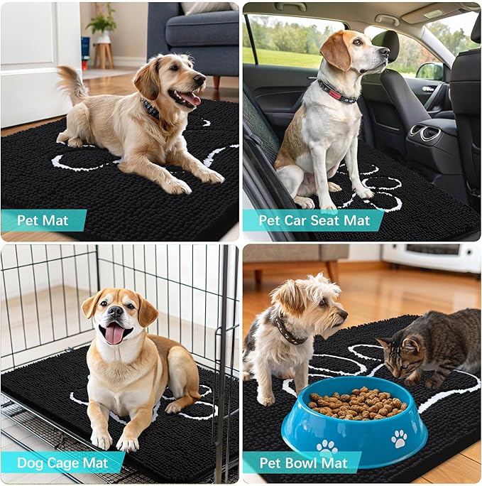 OLANLY Dog Door Mat for Muddy Paws 47x20, Paw Print Design, Absorbs Moisture and Dirt, Absorbent Non-Slip Washable Doormat, Quick Dry Chenille Mud Mat for Dogs, Entry Indoor Entryway Carpet, Black