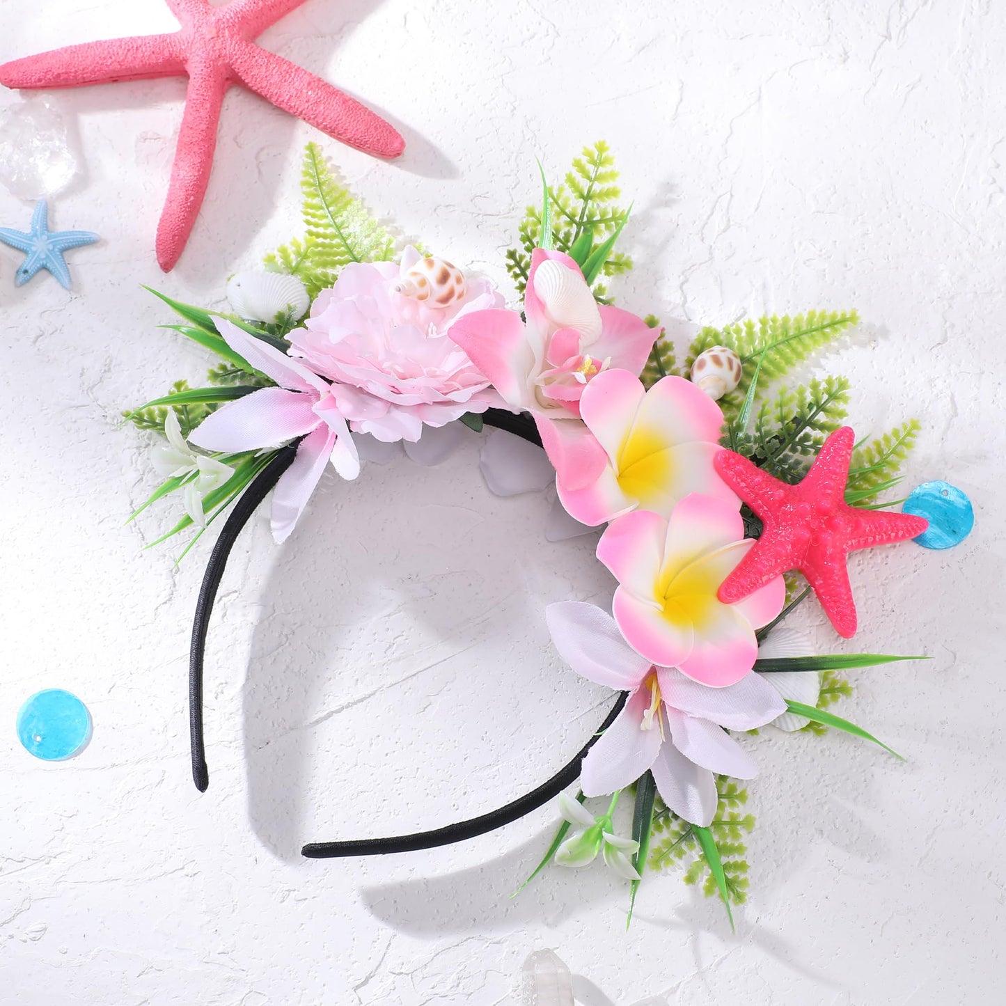 KorViSHOW Hawaiian Flower Crown Headband, Artificial Pink Orchid Plumeria Hawaii Floral Headpiec, Tropical Starfish Flower Headbands for Summer Beach Hula Dance Hair Accessories Party Favor Supplies