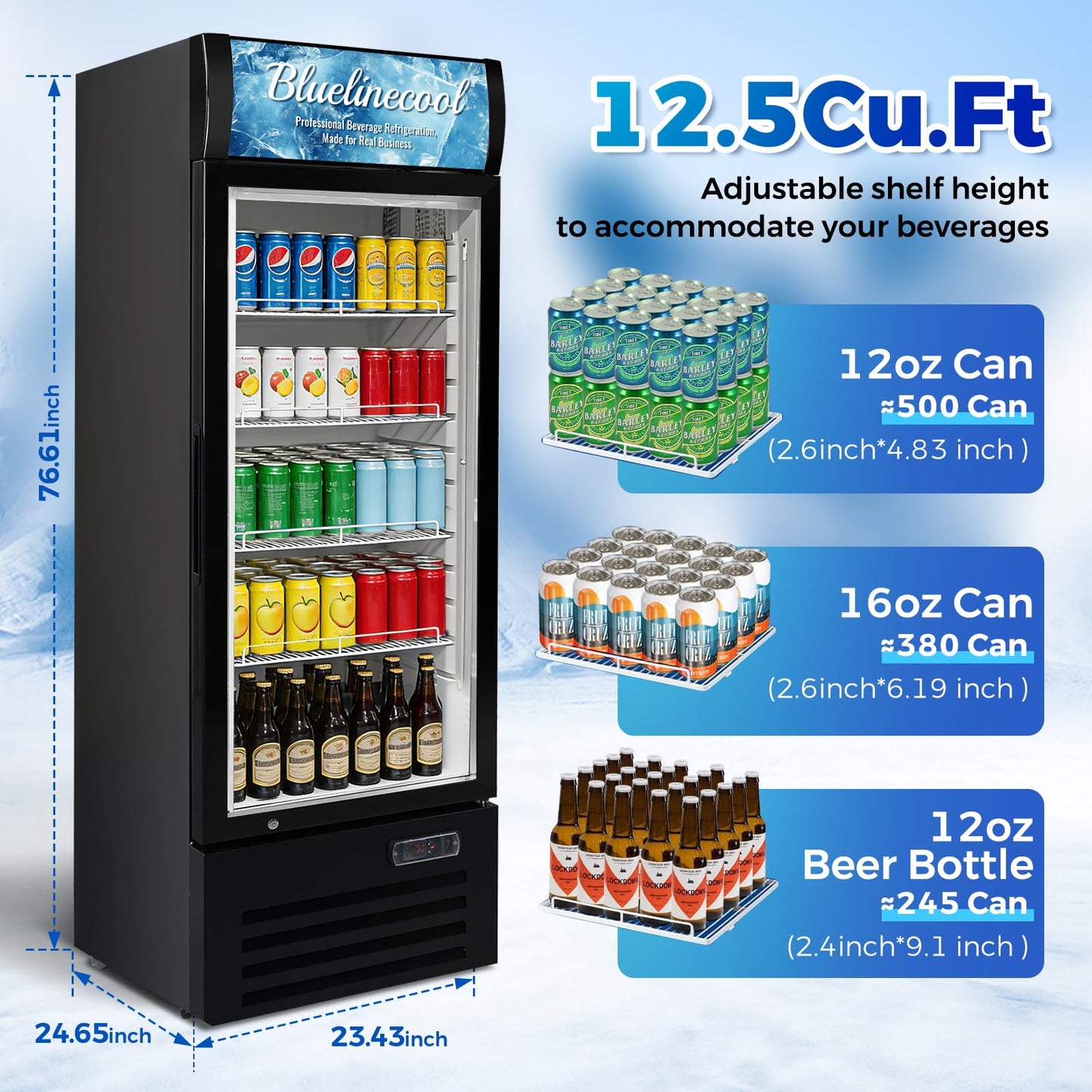 Bluelinecool Commercial Refrigerator Beverage Cooler, 12.5 Cu.Ft Display Refrigerator with Glass Door, Drink Fridge with Led Light, 4 Adjustable Shelves, Merchandiser Refrigerator for Beer, Bar, Shop