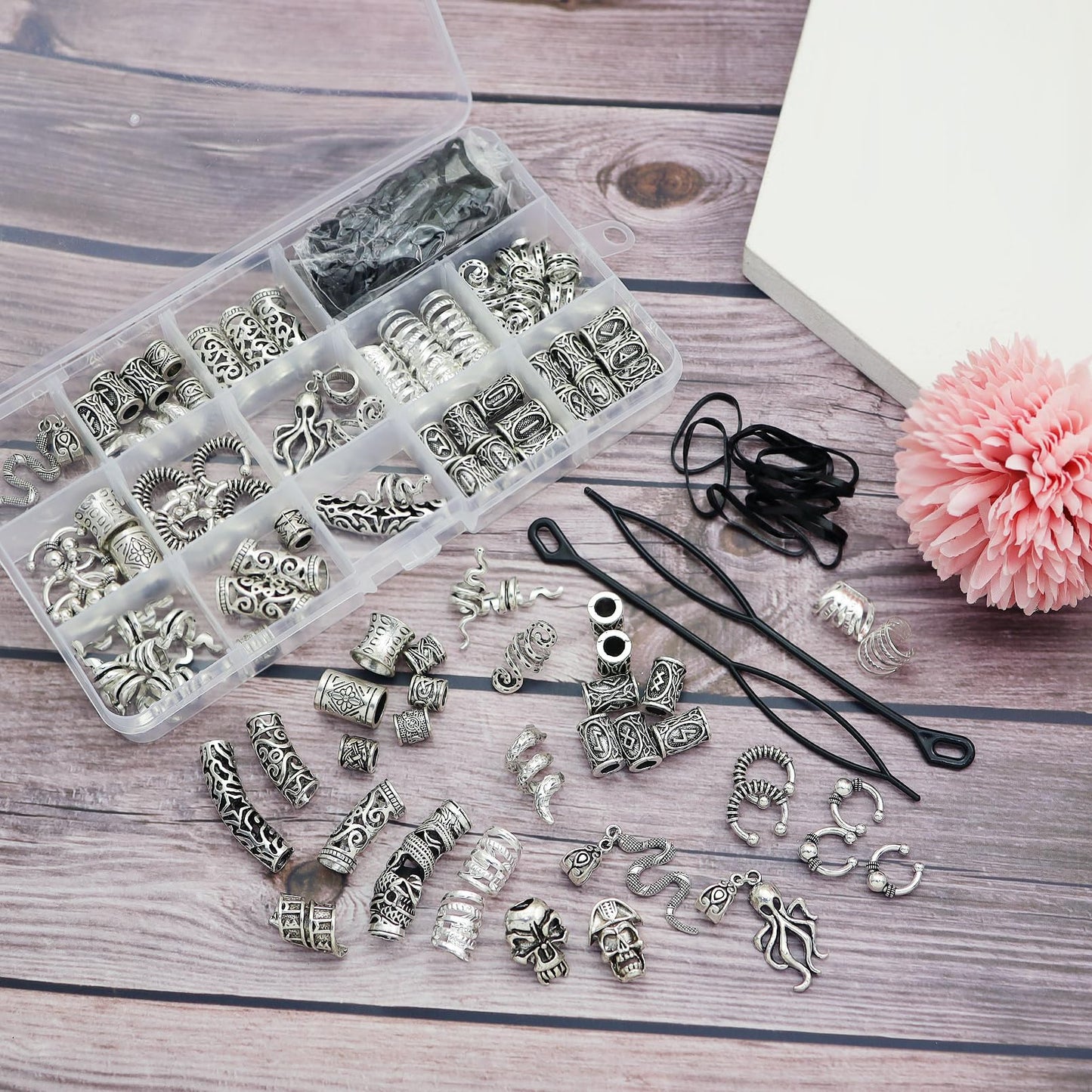 Fscwlmon 207Pcs Viking Hair Jewelry Nordic Runes Tube Beads,Accessories Kit for Braids Dreadlock Beard Locs,Metal Clips Cuff Rings,Braiding Beard Decoration Bracelets Pendant Necklace DIY Silvery