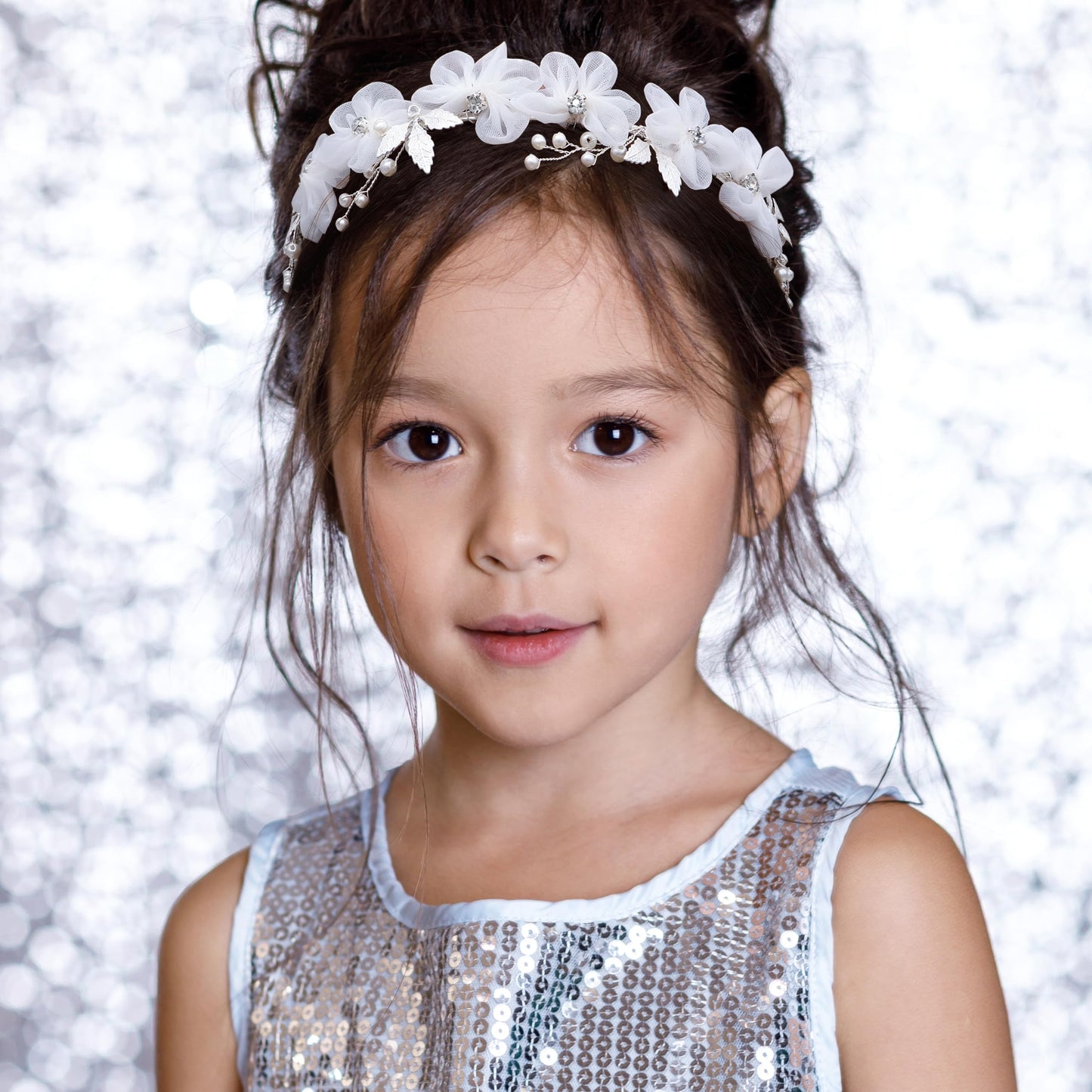 Oriamour Tulle Flower Headband, Flower Girl Headpiece, Pearl Silver, Wedding Hair Accessories, Tiara for Birthday, Party, First Communion
