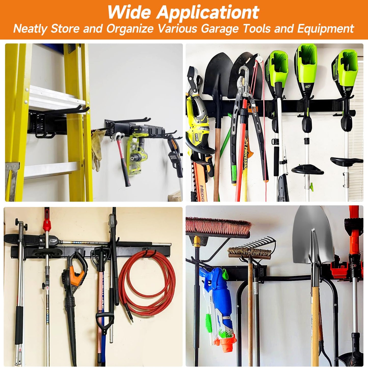 WEZAFO Garden Tool Organizer Wall Mount, Heavy Duty 48 Inches Garage Organization and Storage Racks for Yard Tools with 6 Hooks, Tool Hangers Holders for Hanging Folding Chair, Rake and Shovel