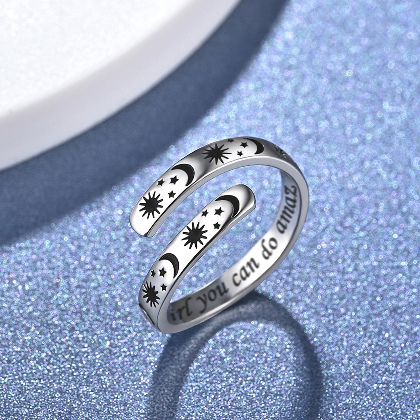 925 Sterling Silver Inspirational Jewelry Adjustable Wrap Open Ring Encouragement Gift for Women (Sun & Moon - Beautiful * you can do amazing things)