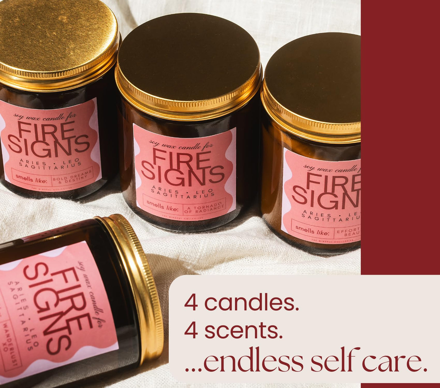 Aries, Leo, Sagittarius Gifts for Women - Wood Wick Candles, 4 Pack Small Scented Candles Set for Women. 6oz Natural Soy Wax, Aromatherapy Set for Home. Zodiac Astrology Birthday Spiritual Gifts