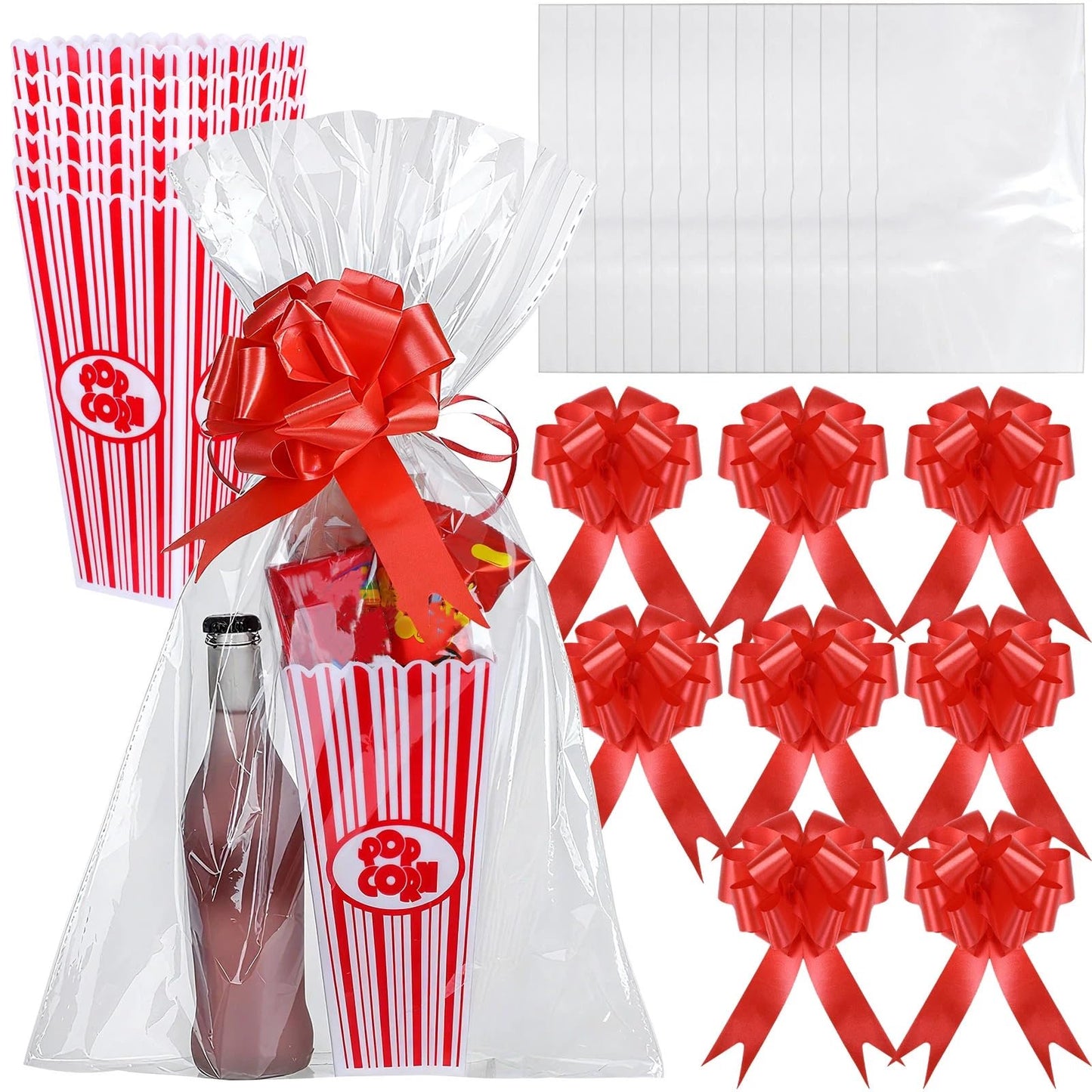Engrowtic 6 Pack Movie Night Gifts Baskets Plastic Popcorn Box Containers with Bags and Bows for Holiday Movie Lover Wedding Birthday Party Favors DIY Kits