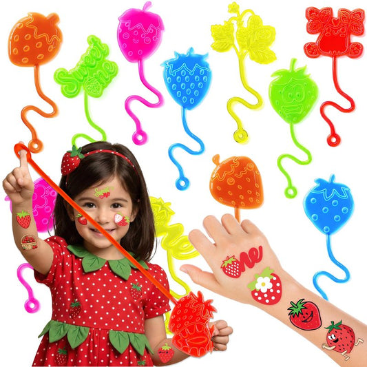 48PCS Strawberry Party Favors - 24PCS Berry First Temporary Tattoos & 24PCS Stick Hands - Perfect Birthday Supplies, Goodie Bag Stuffers, Treasure Box Toys, Classroom Prizes, and Student Gifts