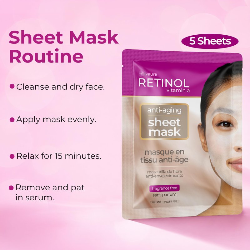 LIVAURA Retinol Anti-Aging Sheet Mask – Hydrating Collagen Face Masks, Sheet Masks for Skin Care, Moisturizing Facial Mask Pack for Women, Sensitive & Dry Skin, Hydrating Face Mask