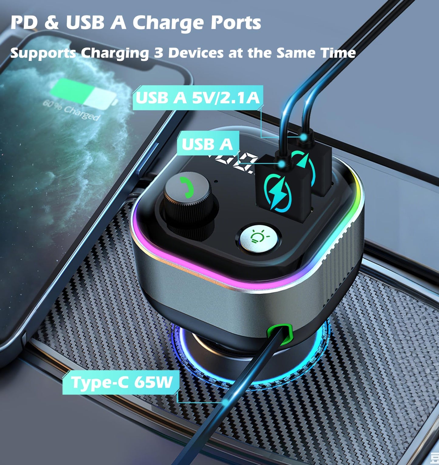 LIHAN Bluetooth 5.4 Car Adapter, Transmitter for FM Radio,65W Retractable USB C Fast Car Charger, Wireless Audio Hands Free Calling & MP3 Music Player, HiFi Bass Support USB Drive