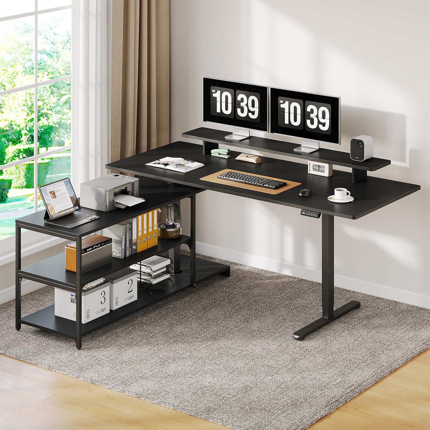 Lefurture Standing Desk with File Cabinet, 63x24'' L Shaped Electric Stand Up Desk with Adjustable Monitor Shelf, Adjustable Height 28-46'' for Home and Computer Workstation, Black