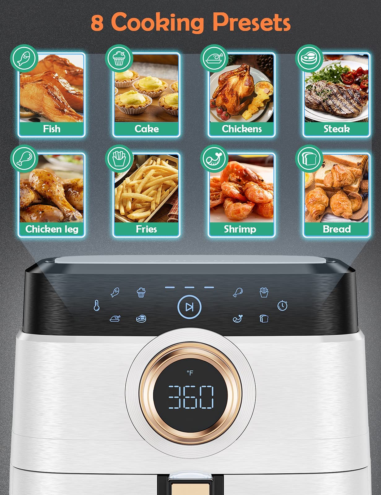 Air Fryer, ALLCOOL Airfryer Oven 8QT Large 1700W 8-in-1 with Touch Screen Air Fryers Dishwasher Safe Nonstick Basket Freidora de Aire 36 Recipes BPA & PFOA Free White